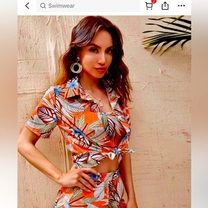 She IN 3 piece tropical print tube top, blouse and shorts
